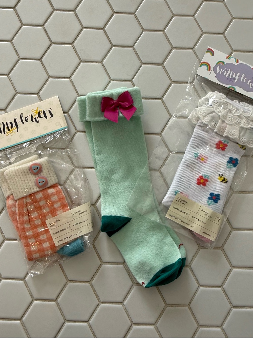 Wildflowers Mint Knee-High Socks with Hot Pink Bow and Teal Accents